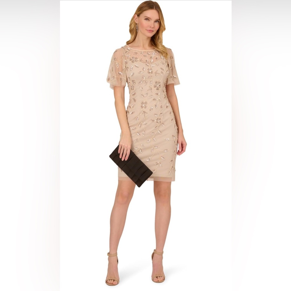 Adrianna Papell Beaded Floral Cocktail Dress,Latte,Size 10,NWT